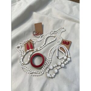 Vtg Red White Jewelry Bundle Lucite Bangle Beaded Necklaces MCM Retro Mod Lot